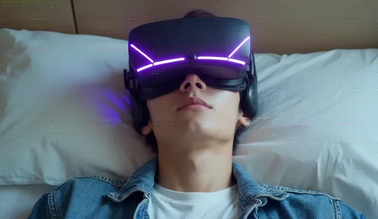 a handsome Korean male kpop idol wearing a virtual reality headset that is purple and v-shaped and has purple lines, and is lying straight facing up, he is lying on his bed, he is wearing a white t-shirt and jeans jacket, the view from above him, the atmos...