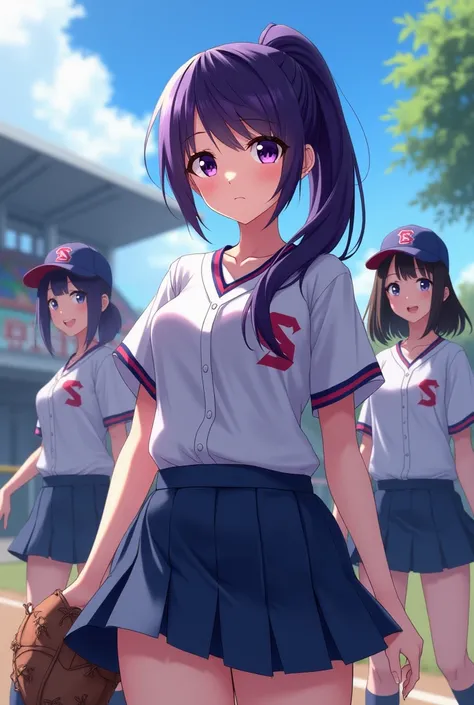 Japanese animation style、 high school girl、Baseball players、 Baseball Cap 、Dark Purple Long Hair、single ponytail、 purple pupils、 full breasts 、From Taiwan