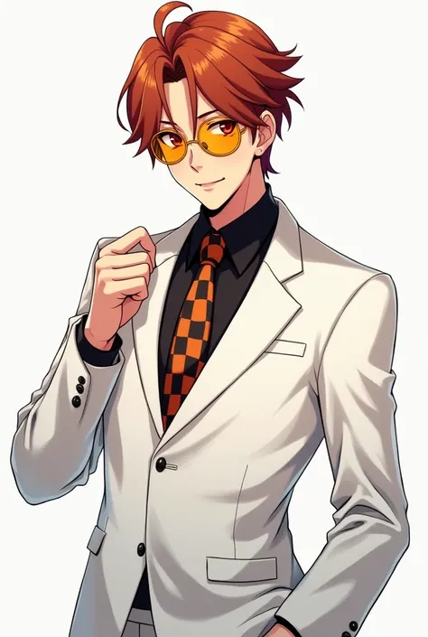  An adult guy in a white business suit with a black-and-orange checkered scarf and sun-orange safety glasses. with browns, with slightly copper hair and dark red eyes .The face is pretty, slightly crafty smile . Full-length anime style