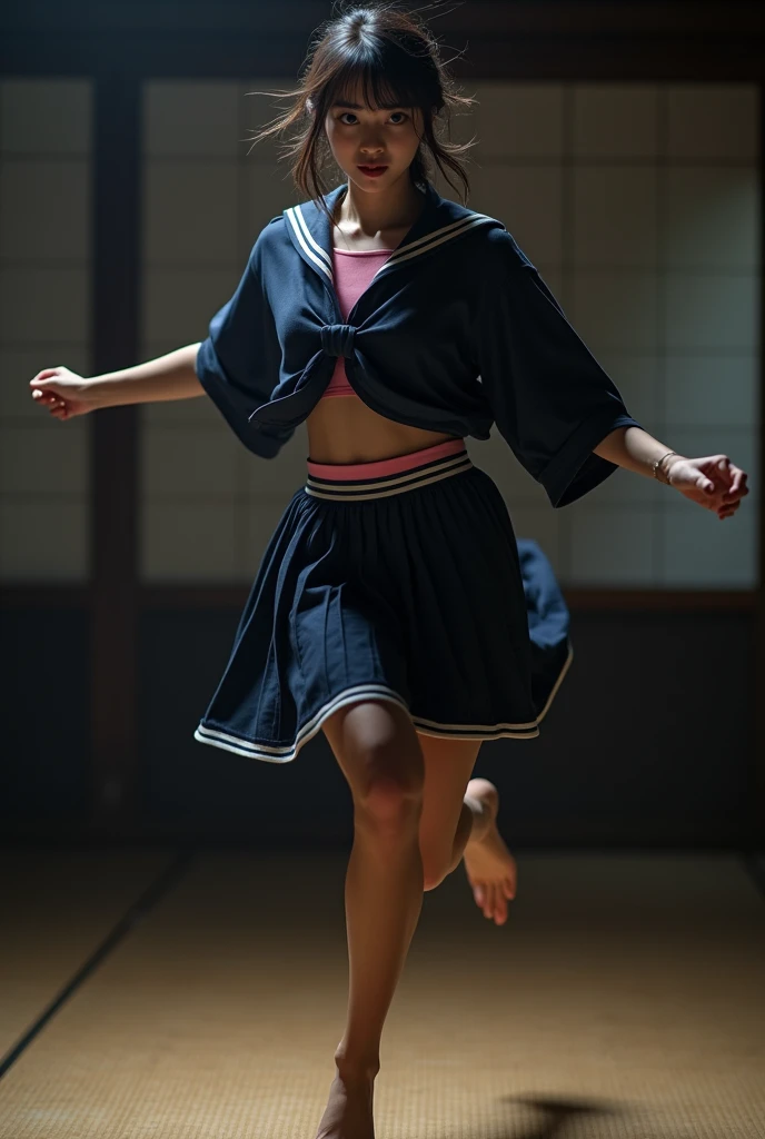 (8K, Raw photo, image quality, table top: 1.2), (realistic, Photoreal: 1.37), realistic depiction. A Japanese woman is wearing a sailor uniform of navy blue and other colors. She is wearing a slightly long pleated skirt of the same color as the uniform ove...