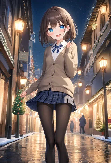 full body, masterpiece,  top quality , Thin legs,  beautiful detail , Fine texture, Fine skin,  1 girl,  deep blue eyes,  small breasts,  Brown Hair,  medium hair, smile, blush,  open mouth ,｛school uniform, Cardigan｝,  Navy Blue Plaid Pleated Mini Skirt, ...