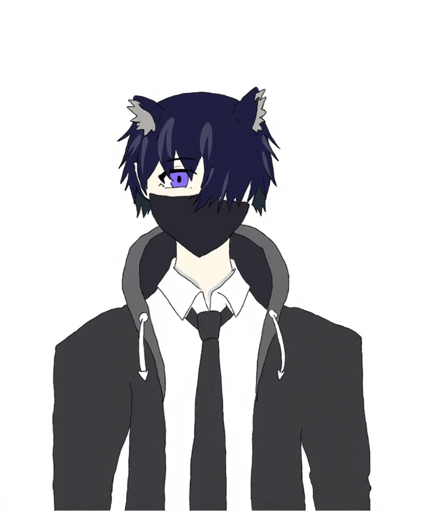 Create a male anime character who has thick, slightly messy black hair that covers his left eye, has cat ears on his head, and has blue eyes. wear semi-formal clothing, namely a white shirt, black tie, black trousers, black hoidei with open zipper, and bla...