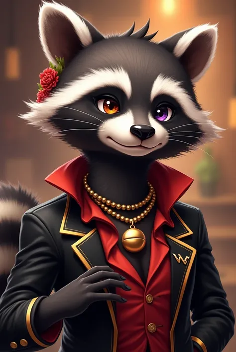 Handsome male anthropomorphic racoon  in bartender outfit, flowers in tail, earrings in one ear, one eye with black iris and white pupil, other eye with smokey purple iris and black pupil, red undershirt, collar with bell, smiling, black red and gold outfi...