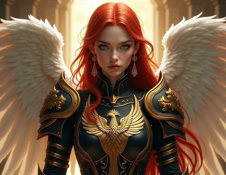 Beautiful fantasy female warrior with long red hair, blue-green eyes, and fair skin. She wears an intricate black and gold armor, with large shoulder plates embossed with a golden eagle, a breastplate with a gold wing-like pattern, gold armbands, and a gol...