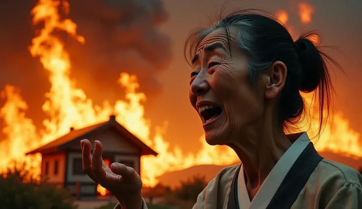 An intensely emotional and ultra-realistic close-up of an elderly Korean woman standing in front of a small, traditional house engulfed in flames. Her face is a raw display of anguish and helplessness, tears streaming down her wrinkled cheeks as she reache...