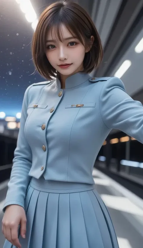 (  highest resolution,  clear_image),  top quality , masterpiece,  very detailed,  semi-realistic ,  shoulder-length dark-haired woman , black pupils,  mature,  mature woman, Royal sister,  sexy,  short hair, Triple Bang,  light blue uniform ,  light blue ...