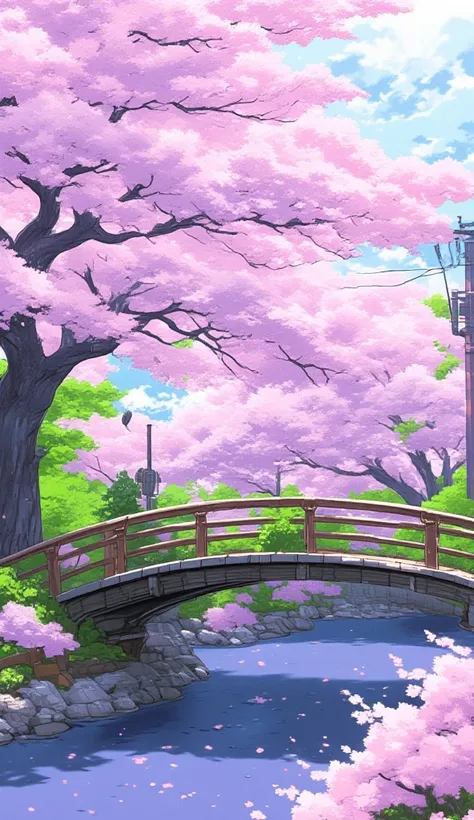 ((high quality)), ((masterpiece)), ((highly detailed)), a park full of cherry bloosoms, cherry blossom tree, a small bridge, 8k, 4k, UHD, high resolution