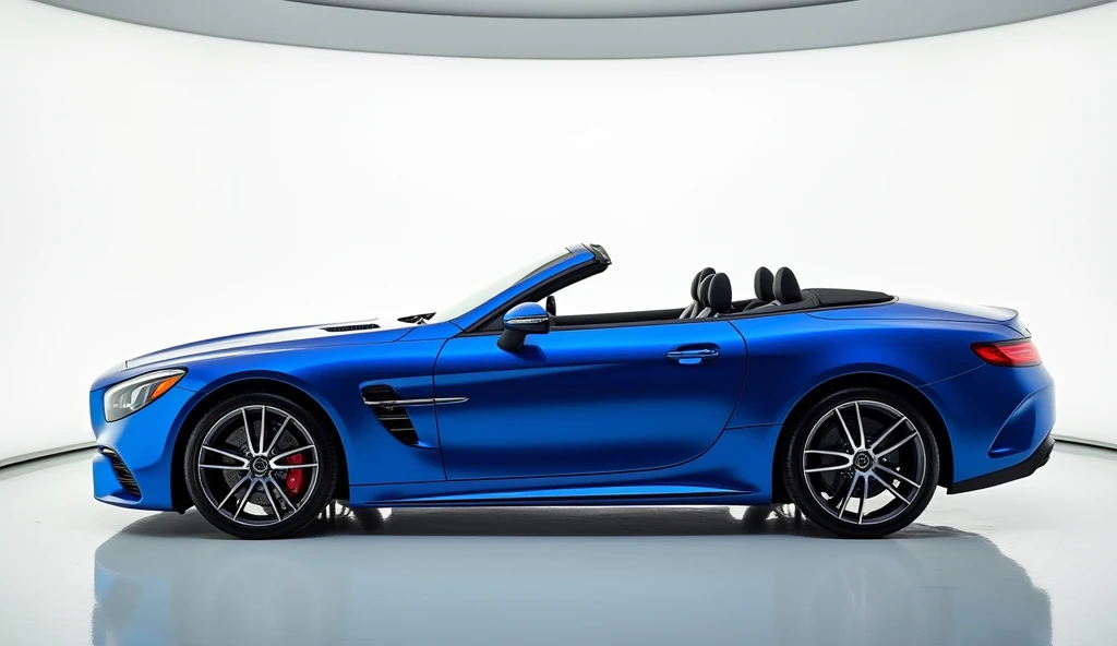 A photo of a 2025 Mercedes Benz SL side view in a Luxurious Showroom. The Car is BLue and has a sleek design. The background is white. The lighting is bright.