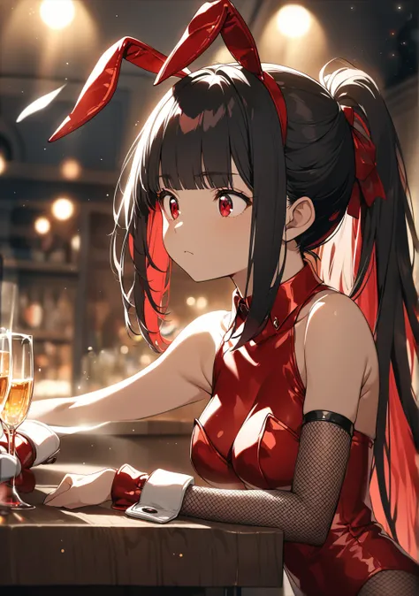 1 girl, Game CG, shallow depth of field, a portrait with a soft Gaussian blurred background, creating a dreamy atmosphere, focus on face,
standing near counter, looking down, frown, from side, upper body,

(Black Hair, dark scarlet inner color, straight ha...