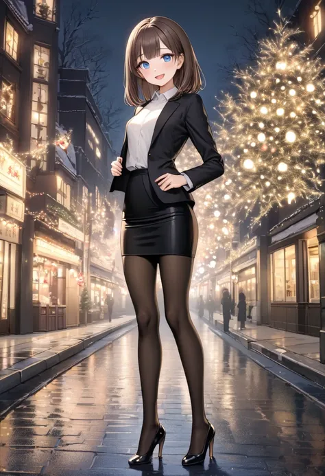 full body, masterpiece,  top quality , Thin legs,  beautiful detail , Fine texture, Fine skin, 1 adult beautiful woman,  deep blue eyes,  small breasts,  Brown Hair, bangs, smile, blush,  open mouth , Black Jacket 、 white shirt、 pencil skirt , ( black pant...