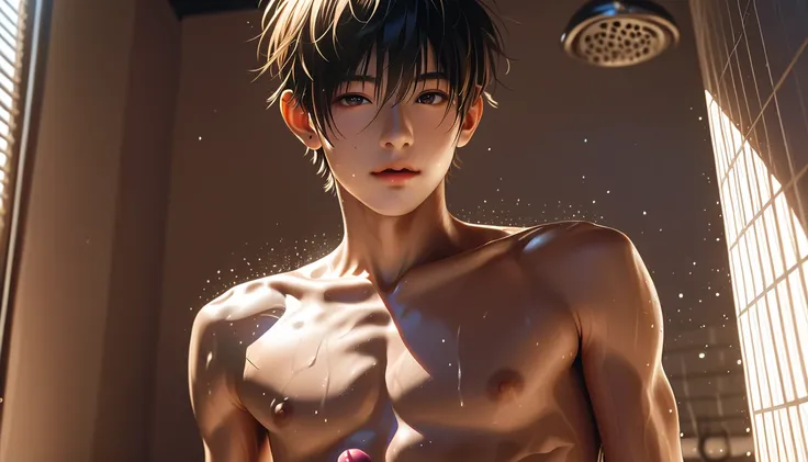 a young skinny chinese boy is taking the shower at the soccers  changing room with some naked friends around, he is naked showing his small completely hairless penis, he his slim, cute face expression, emo hairstyle, skinny abs, sexy position. he looks you...