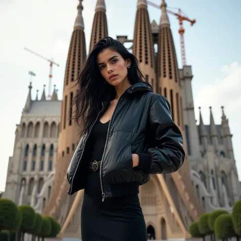 White woman, Caucasian, From Eastern Europe, A 35-year-old girl ,  Black hair, slim, dressed in a tight dress and a hooded bomber jacket,  posing for the camera, full body photo, at Sagrada Familia Barcelona , maximum detail,  maximum resolution, ULTRAREAL...