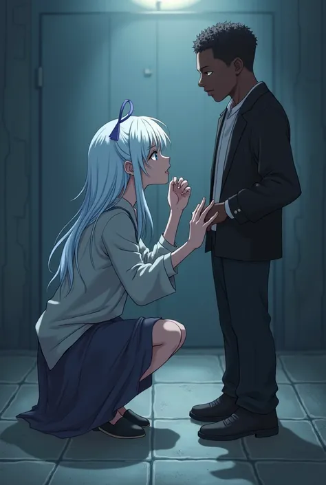 A blue-eyed crouched white-haired woman licking something about a black man who was showing something to her standing while she crouches down licking something of him, very suspicious of a black man, anime image