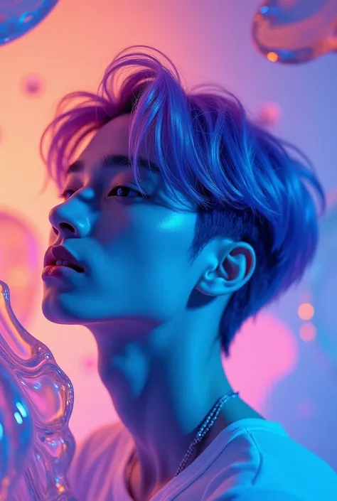 A striking and modern album cover featuring a male figure looking towards the central abstract camera with soft, glossy blue skin that has a metallic sheen and subtle gradients. The hair is styled in a K-pop singer style, featuring vibrant purple hues that...