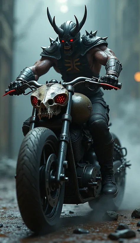 A demonic biker with glowing red eyes, riding a custom rhino’s skull head design big motorcycle with intricate details, featuring spiked handlebars and large, rugged tires. The biker has a muscular physique, wearing dark, gothic armor with spiked accents, ...