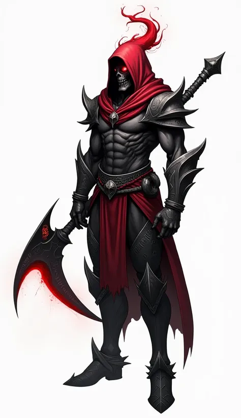 A humanoid Saci warrior inspired by Internacional, with a dark crimson cap glowing faintly against his shadowy figure. His single armored leg is powerful and engraved with mystical runes, and he wields a large scythe with a glowing crimson blade. His glowi...