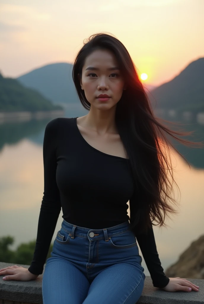  Thai Women,Long black hair, put on a tight-fitting, long-sleeved yoke shirt,Long jeans, sitting facing the camera , Raise your right arm 1 inch ,Behind it is a mountain view., the sun is setting ,Evening light,By the dam ,เห็นแต่ด้านหลัง