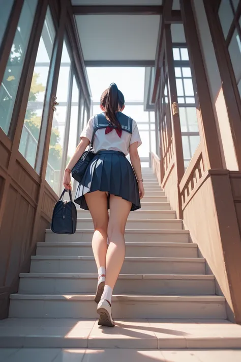  Japanese high school girls　uniform　Peek into the skirt from below　 from behind　Facing a different direction　 skirt rolls up　Walking the stairs　 Longer Skirt 　 white underwear　 ponytail　