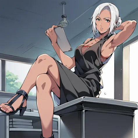 score_9_up, score_8_up, score_7_up, source_anime, masterpiece, best quality, 1girl, solo, Mabui, ceiling light, monitor, documents, desk, pensive, parted lips, looking at clipboard, sitting on office chair, crossed legs, high heel sandals, from side, from ...