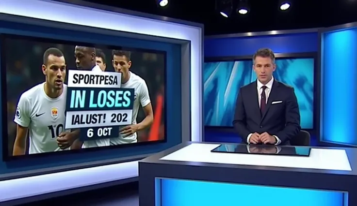  professional news anchor sitting at a modern news desk in a sleek, high-tech studio, delivering a report about SportPesa in Losses. The desk features digital screens displaying images of disappointed athletes, a scoreboard showing a losing score, and the ...