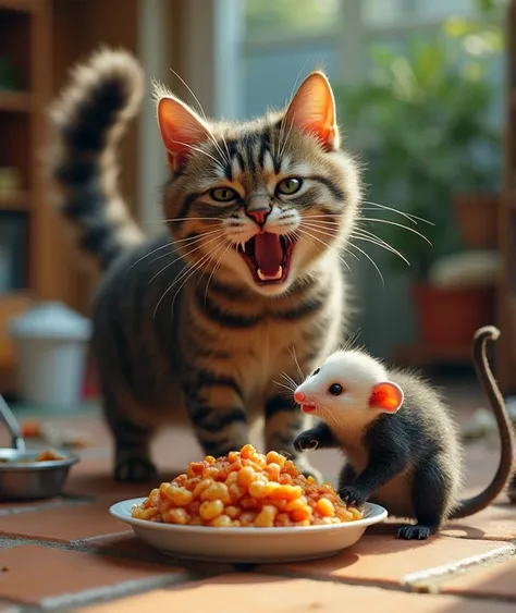 Cat screaming while possum eats their food