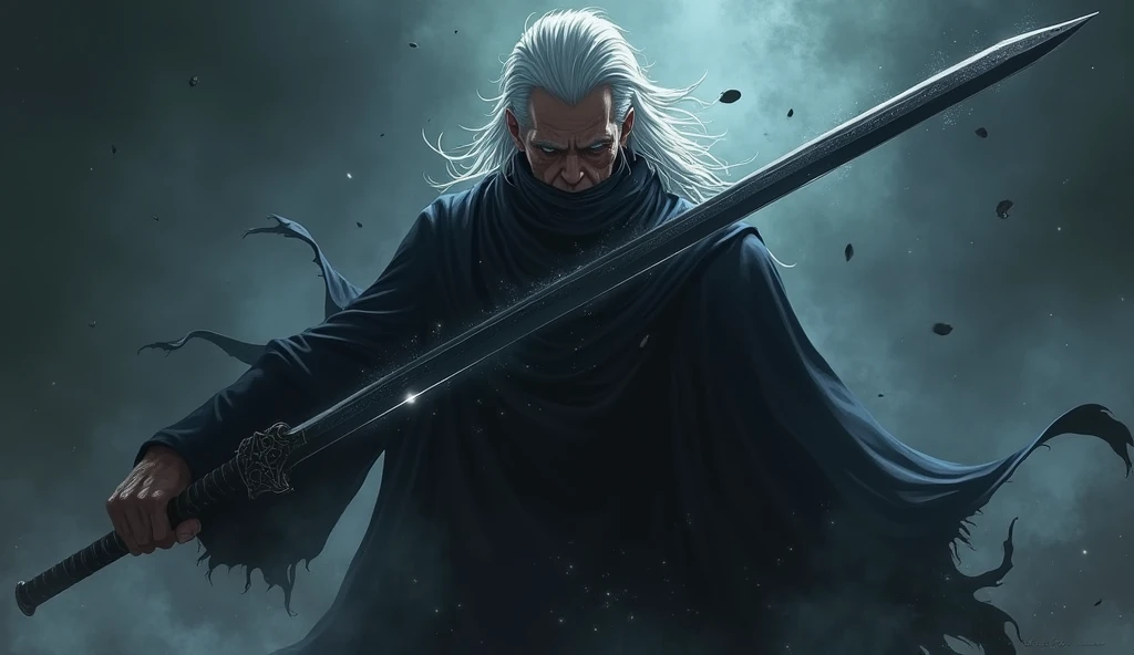 A man with white hair, wearing a black veil but looking like an anime, was wielded by a black sword with an aura stuck around him, stabbed in the chest until it pierced the back.