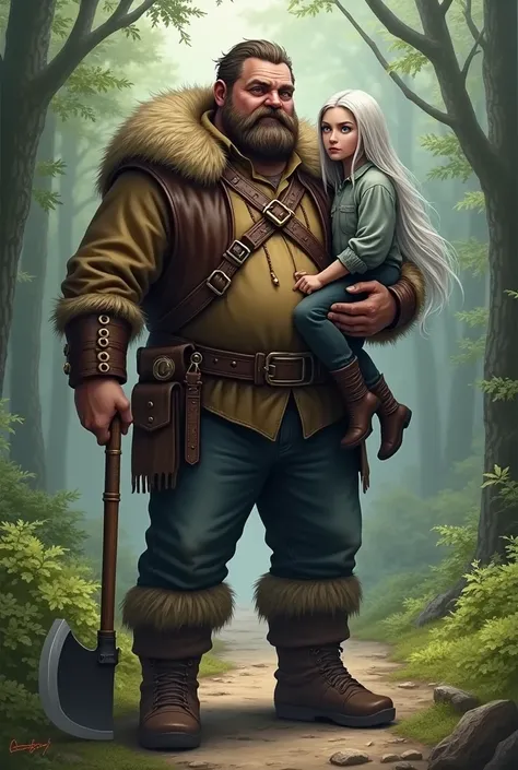  bigger,  somewhat plump man with brown hair , thick beard  ,  fur jacket and 2 knife belts crossed over his chest . In one hand he holds a battle axe in the other hand a small  with long straight almost white hair,  light blue slanted eyes and a much too ...