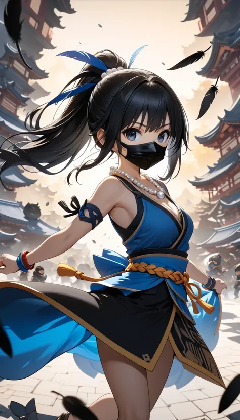 Dynamic pose, skinny woman, ((masterpiece, top quality, high resolution)), ((very detailed CG integrated 8K wallpaper)), woman in dark blue neat noselobe, she has long black hair tied back, ponytail, beautiful black feathers growing on her back, wearing bl...