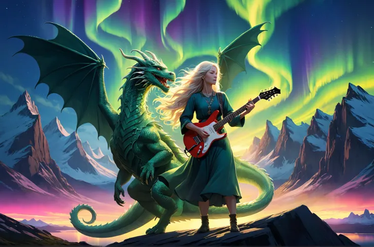 Summer McIntoshのポートレート,8k 4k masterpiece photo、 Scandinavian scenery 、 has a legendary Scandinavian dragon、Long-haired woman playing headless electric guitar,The woman is on the left end of the image 、nothern lights