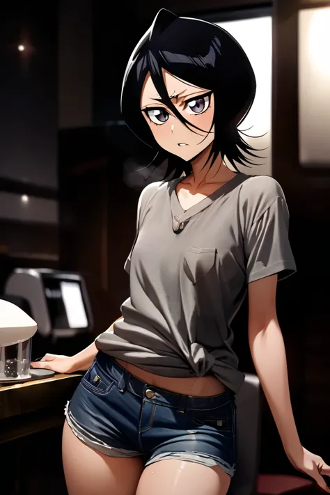 NSFW,masterpiece, top quality , high definition , very detailed, Kuchiki Rukia (BLEACH), short hair, black hair、 hair between eyes, Casual , Denim Shorts