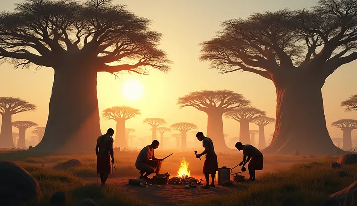 Hadzabe hunters cooking food understand big baobab trees 