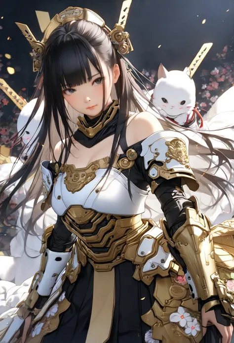  standing in a field of flowers 、(( two women wearing off-shoulder armor )), オフショルダーのWearing kimono and armor,  heavy white and gold armor , Samurai costume,  off-shoulder shiny white armor, Wearing kimono and armor,  guweiz style artwork, Anime High Defin...