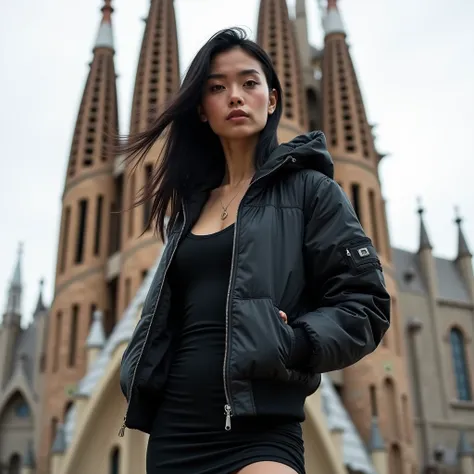 White woman, Caucasian, From Eastern Europe, A 35-year-old girl ,  Black hair, slim, dressed in a tight dress and a hooded bomber jacket,  posing for the camera, full body photo, at Sagrada Familia Barcelona , maximum detail,  maximum resolution, ULTRAREAL...