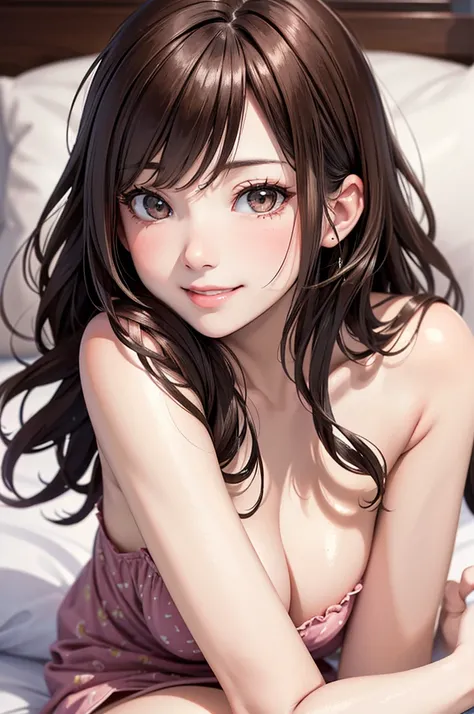 ( Best Quality, high definition ,8k,inelity detailed background, Masterpiece :1.2), pretty girl,Big Breasts,Shiny brown hair,long hair,messy hair, Dominant Smile ,break, black color print pajama, Gentle look,A refreshing look, top quality, Best Quality,Aes...