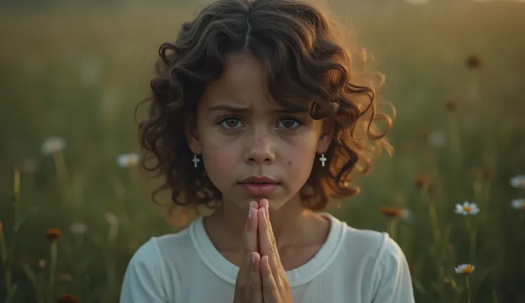 A beautiful curly girl 13yo, wearing cross earrings,feeling sad while praying and elegantly wrapping around her hands in a prayer position, hands raised in worship, tears glistening on her cheeks sitting in the middle of a In landscape,sad expression with ...