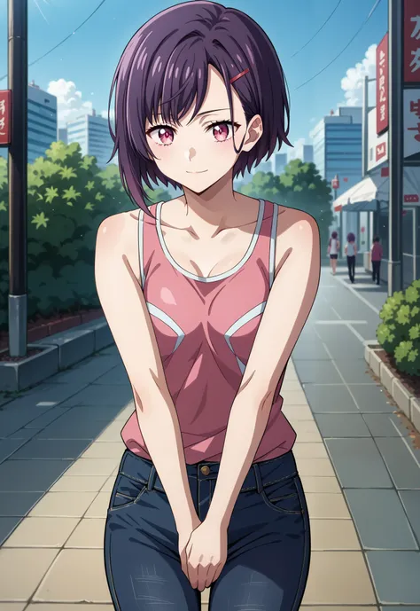 score_9, score_8_up, score_7_up, source_anime, 4K,perfect fingers,(perfect hands, perfect anatomy),
1girl,solo,shizukamikazuki, shizuka mikazuki, short hair, purple hair, hair ornament, hairclip, pink eyes, swept bangs, 
wearing ((black jeans, tanktop)),
s...