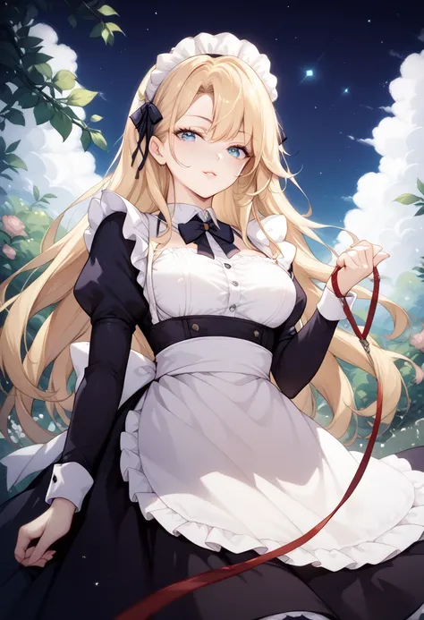    beautiful long blonde 　maid, maid apron, maid headdress, puffy sleeves　Garden at night　 whole body　 viewer_on_leash, viewer on leash　  lower angle 　  long skirt　Contemptuous Eyes