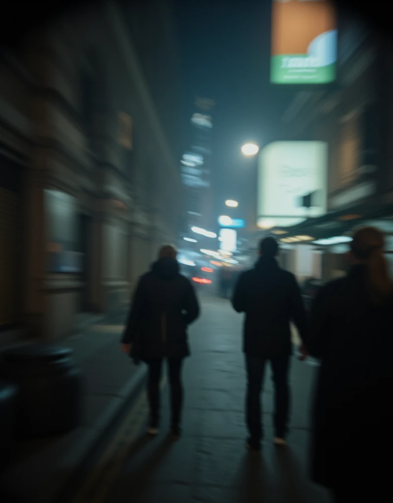 Indistinct figures in a city street silhouette, Motion blur people, indistinct people passing by, Ephemeral, Afterimage of light, soft focus, out of focus, blurry image, pinhole camera effect, flash photography