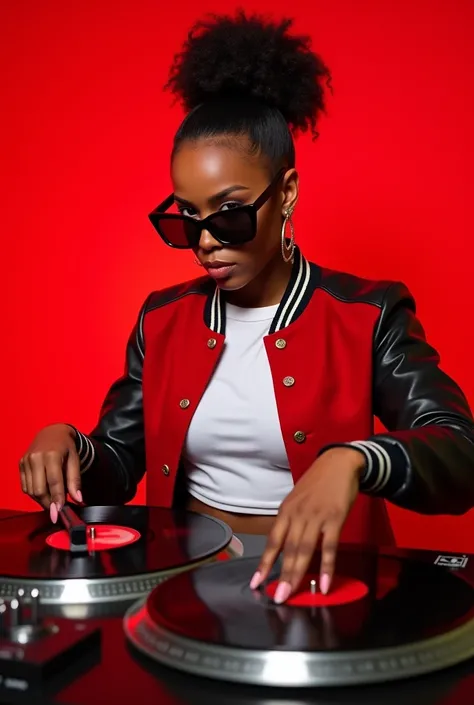 Beautiful african woman in the red varsity jacket with red leather sleeves and black dark glasses and white t shirt and dj vinyls scratching in the red screen