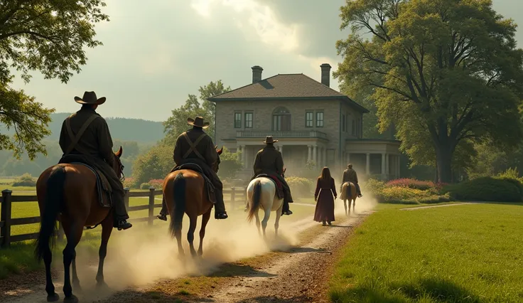 A 4K cinematic image of messengers arriving at a vast country estate rich in detail. The messengers, dressed in weather-worn traveling clothes, ride sturdy horses that kick up dust from the dirt path, creating a dramatic effect. The property is surrounded ...