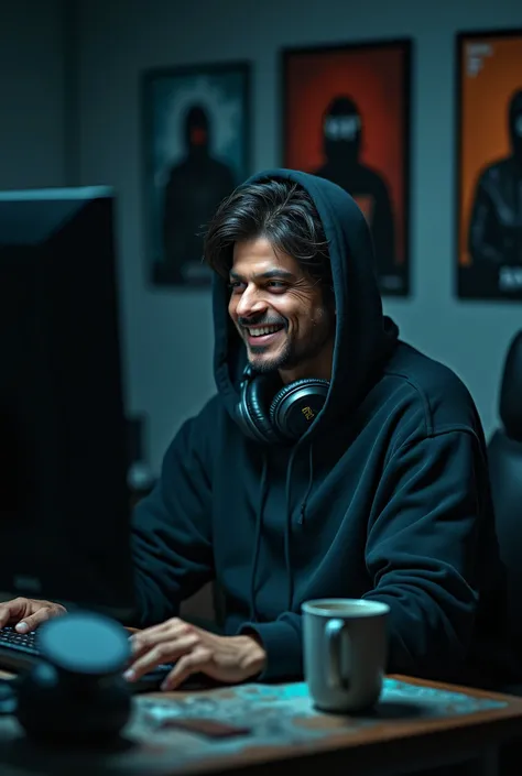 A photo of idian octor , shahrukh Khan,with dark normol whit skin. He is sitting in a dimly lit room in front of a computer. He has a cheerful and rela engry expression. He is wearing a hoodie with the hood up and a pair of headphones over his hood. His lo...