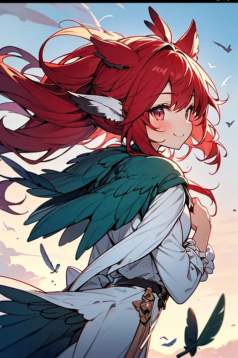 1girl,((harpy girl)),red hair,middle ponytail hair,messy hair, ((feather ears, bird ears)), harpy mini wings, smile, wind, upperbody, from side, 
((masterpiece,best quality,ultra detailed, very aesthetic)), hyper small and clean characters in hyper cute an...