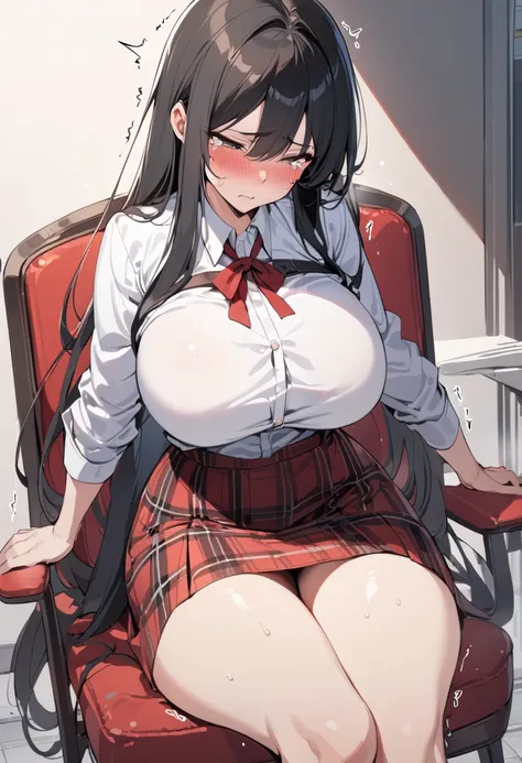 top quality, masterpiece,  high definition , 8k,  1 girl, Alone,  Expressive Dark Brown Eyes , mature woman, (((Trembling Body))), ((( Straight Long Hair ))), ((( black hair))),  Big Breasts High School Girl,  uniform with a white shirt and a dark red plai...