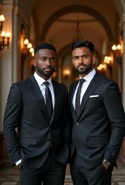 Handsome identical twins .  With dark brown skin and green eyes .  Dressed in a three-piece suit ,  millionaires and elegant .  One has a tie and the other doesnt .  They are like 35 years old .  And a beautiful curvy woman with wide hips and big breasts. ...