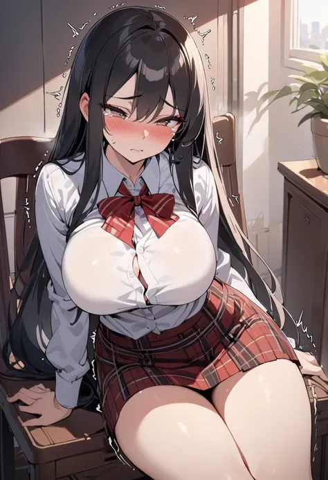 top quality, masterpiece,  high definition , 8k,  1 girl, Alone,  Expressive Dark Brown Eyes , mature woman, (((Trembling Body))), ((( Straight Long Hair ))), ((( black hair))),  Big Breasts High School Girl,  uniform with a white shirt and a dark red plai...