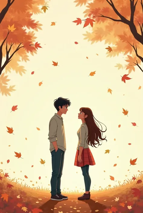 make an illustration sketch depicting two figures standing in front but separated by an invisible line.  Both are seen gazing at each other full of emotion—love , Regret,  and longing—but not stepping forward . in the background,  there is an autumn-like e...