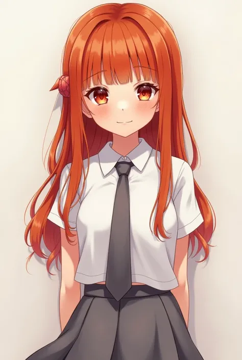 1cute girl, british, ginger hair,red eyes, Long hair, straight hair,,White short shirt, gray tie, gray short skirt, bangs, Short body,ultra detail, ultra HD, masterpiece,smile