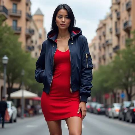 White woman, Caucasian, From Eastern Europe, A 35-year-old girl ,  Black hair, slim, dressed in a tight dress and a hooded bomber jacket,  the navy blue bomber jacket ,  the red dress posing for the camera, full body photo, On Avenida Gaudí Barcelona , max...