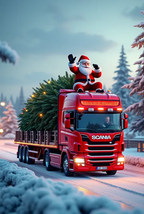 Scania trailer color red carrying a Christmas tree and Santa Claus