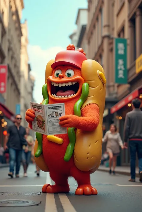  create a realistic image of a good monster dressed as a hot dog, who is handing out flyers on the street 